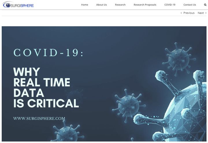 Capture d'écran d'une page du site internet de Surgisphere dédiée au Covid-19, le 5 juin 2020. (SURGISPHERE)