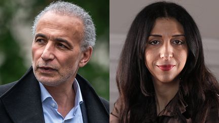 Tariq Ramadan et Henda Ayari. (FABRICE COFFRINI / AFP ET PHOTOPQR/LE PARISIEN/MAXPPP)