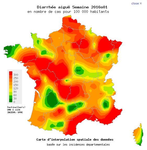 La carte&nbsp;des cas de diarrhées aiguë entre le 4 et le 10 janvier 2016. (RÉSEAU SENTINELLES)