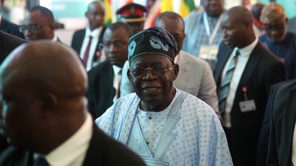 Le président du Nigeria, Bola Tinubu, lors du sommet extraordinaire de la Cédéao, le 10 août 2023 à Abuja (Nigeria). (KOLA SULAIMON / AFP)