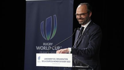 Le Premier ministre, Edouard Philippe, lors de son discours sur l'organisation de la Coupe du monde de rugby 2023, au Stade de France à Saint-Denis (Seine-Saint-Denis), le 10 mars 2018.&nbsp; (FRANCOIS MORI / AFP)