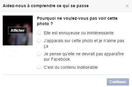 La fenêtre apparaît lorsque vous décidez de signaler une photo que vous souhaitez voir disparaître.&nbsp; (FACEBOOK)