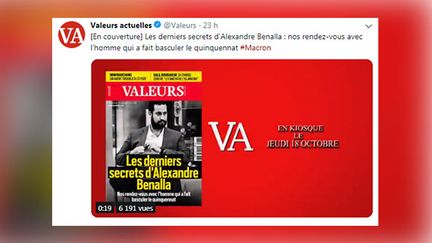 Tweet vidéo de l'hebdomadaire "Valeurs actuelles" présentant son dernier numéro, le 18 octobre 2018. (CAPTURE ECRAN TWITTER)