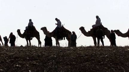 Une caravane de voyageurs internationaux arrive &agrave; la fronti&egrave;re jordanienne,&nbsp;lors d'un trajet vers&nbsp;Bethl&eacute;em,&nbsp;le 10 d&eacute;cembre 2000. (ALI JAREJKI / REUTERS)