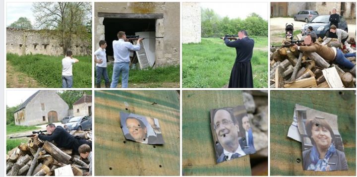 Sur les photos publi&eacute;es sur le compte&nbsp;Facebook du candidat, on peut voir des personnes tirer &agrave; la carabine sur des portraits de Fran&ccedil;ois Hollande et Martine Aubry. (CAPTURE FACEBOOK/YAGG)