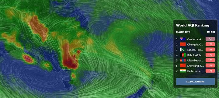 Capture d'écran du site AirVisual, réalisé le dimanche 5 janvier 2020. (AIRVISUAL / FRANCEINFO)