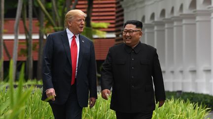 Donald Trump et Kim Jong-un, dans le jardin de l'hôtel Capella, à Singapour, le 12 juin 2018. (SAUL LOEB / AFP)