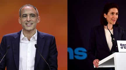 Le candidat PS-Place Publique pour les élections européennes, Raphaël Glucksmann (à gauche) et la tête de liste Rennaissance pour les européennes Valérie Hyer (à doite). (VALENTINE CHAPUIS / GAIZA IROZ/AFP)