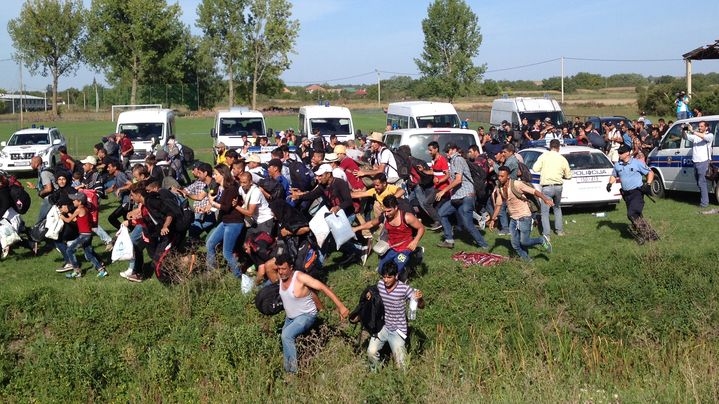 Une foule de migrants a r&eacute;ussi &agrave; franchir le cordon de policiers et se rue vers les bus, &agrave; Tovarnik (Croatie). (ELISE LAMBERT / FRANCETV INFO)