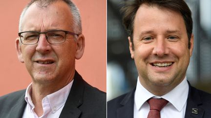 Thierry Burlot (G), candidat aux prochaines élections régionales en Bretagne, et le président de région sortant Loïg Chesnais-Girard (D) , du Parti socialiste français (PS). (FRED TANNEAU / AFP)