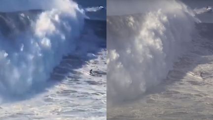 A gauche, la vidéo relayée sur Twitter le 11 avril 2022, à droite, la vidéo officielle de la World Surf League, le 19 janvier 2018. (Captures d'écran Twitter et YouTube)