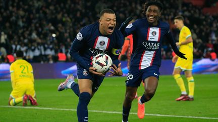 Kylian Mbappé celebrating his 201st goal in the Paris Saint-Germain jersey, becoming the top scorer in PSG history ahead of Edinson Cavani, against Nantes, March 4, 2023. (JEE / SIPA)