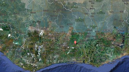 Capture d'&eacute;cran Google Maps de la C&ocirc;te d'Ivoire, montrant la position de la ville d'Arrah. (FTVI)