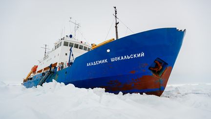 Le navire russe "MV Akademik Chokalsky"&nbsp;est prisonnier des glaces de l'Antarctique depuis mardi 24 d&eacute;cembre 2013.&nbsp; (ANDREW PEACOCK / FOOTLOOSEFOTOGRAPHY.COM / AFP)