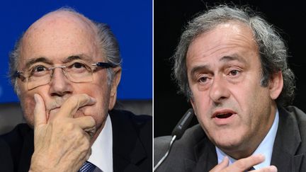 Sepp Blatter et Michel Platini, en 2015, à Zurich (Suisse).&nbsp; (FABRICE COFFRINI / AFP)