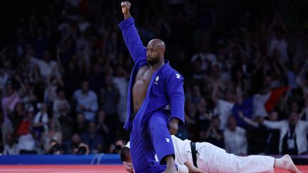 Teddy Riner lors de la compétition par équipes des Jeux olympiques de Paris, le 3 août 2024 à l'Arena Champ-de-Mars. (AFP)