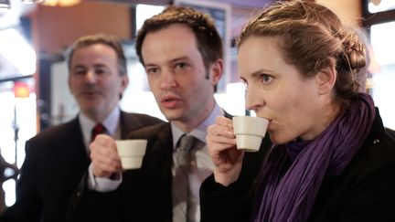 De g. &agrave; d., les candidats &agrave; la primaire UMP &agrave; Paris, Jean-Fran&ccedil;ois Legaret, Pierre-Yves Bournazel et Nathalie Kosciusko-Morizet, le 9 avril 2013 &agrave; Paris. (MAXPPP)