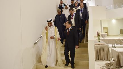 Le ministre de l'Energie du Qatar,  Mohammed bin Saleh al-Sada, et son homologue algérien,&nbsp;Noureddine Boutarfa, le 28 septembre 2016 à Alger (Algérie), lors de la réunion de l'Opep. (RYAD KRAMDI / AFP)