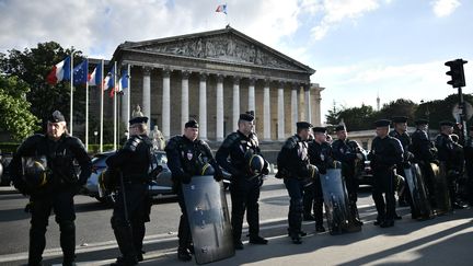 Des CRS devant l'Assemblée nationale, le 5 juillet 2016 à Paris, lors d'une manifestation du mouvement Nuit debout. (PHILIPPE LOPEZ / AFP)