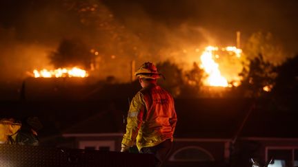 Un pompier surveille un flanc de montagne alors que l'incendie de Franklin brûle près de Malibu (Californie), le 10 décembre 2024. (APU GOMES / GETTY IMAGES NORTH AMERICA / AFP)