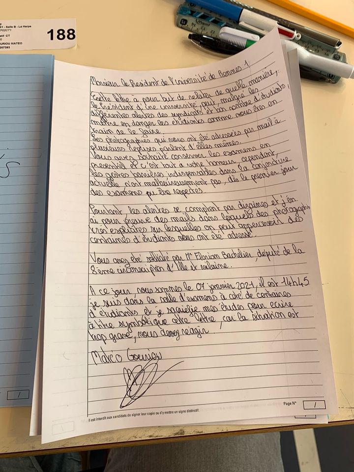 Matéo, étudiant, a rédigé sur sa copie un courrier à l'intention du président d'université Rennes 1, afin de l'alerter sur sa situation, le 7 janvier 2021. (MATEO GOURIOU)