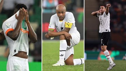 L'Ivoirien Karim Konaté, le Ghanéen André Ayew et l'Egyptien Trézéguet, le 22 janvier 2024 pendant la CAN. (AFP)