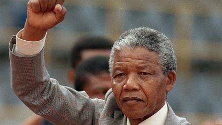 Nelson Mandela,&nbsp;le 25 février 1990. (TREVOR SAMSON / AFP)