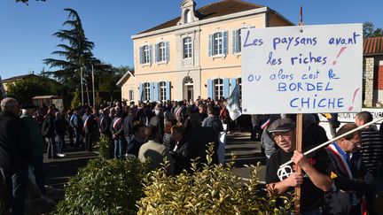 Des manifestants de la filière avicole et des élus ont manifesté, samedi 7 octobre 2017, à Castelnau-Chalosse (Landes). (MEHDI FEDOUACH / AFP)