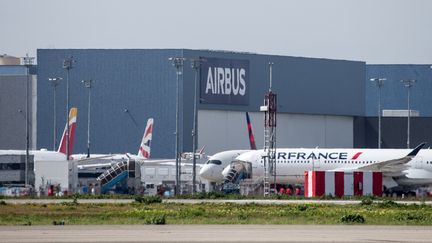 Un avion de la compagnie Air France&nbsp;visible depuis le tarmac de l'aéroport de Toulouse-Blagnac, le 1er avril 2020. (FREDERIC SCHEIBER / HANS LUCAS / AFP)