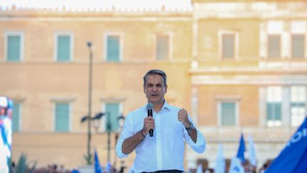 Former Greek Prime Minister and leader of the New Democracy party, Kyriakos Mitsotakis, on June 23, 2023 in Athens.  (ARIS OIKONOMOU / HANS LUCAS / AFP)