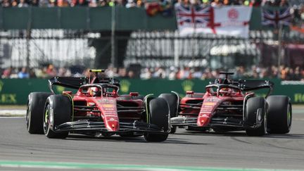 Les pilotes Ferrari Charles Leclerc et Carlos Sainz lors du Grand Prix de Grande-Bretagne, le 3 juillet 2022, à Silverstone. (FLORENT GOODEN / AFP)