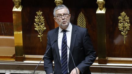 Le&nbsp;président du groupe Liot Bertrand Pancher lors d'un débat sur la réforme des retraites à l'Assemblée Nationale le 18 février 2023. (LUDOVIC MARIN / AFP)