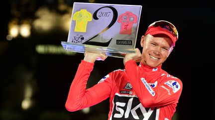 Le cycliste britannique Christopher Froome lors de sa victoire sur le Tour d'Espagne, le 10 septembre 2017 à Madrid.&nbsp; (JOSE JORDAN / AFP)