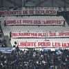 Les supporters de l'Olympique de Marseille ont déployé une banderole pour protester contre les interdictions de déplacement, lors de la réception de Lyon, le 6 décembre 2023. (CHRISTOPHE SIMON / AFP)