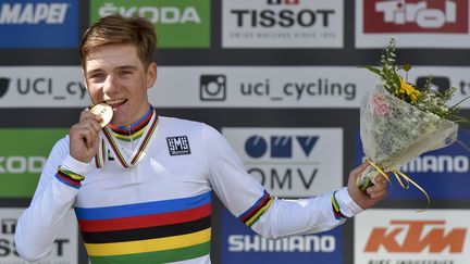 &nbsp;Remco Evenepoel, Champion du monde du contre la montre, à Innsbruk (Autriche), le 25 septembre 2018. (HERBERT NEUBAUER / APA)