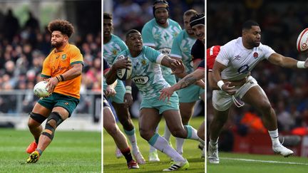 l'Australien Rob Valetini, le Sud Africain Damian Willemse et l'Anglais Joe Cokanasiga, le 5 août 2023. (AFP)