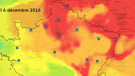 L'évolution de la pollution aux particules fines entre le 28 novembre et le 8 décembre 2016 en France, selon l'observatoire Prev'air. (FRANCEINFO)