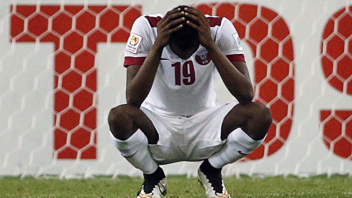 L'attaquant qatari d'origine ghan&eacute;enne Mohammed Muntari lors d'un match de Coupe d'Asie contre l'Iran, le 15 janvier 2015 &agrave; Sydney (Australie). (JASON REED / REUTERS)