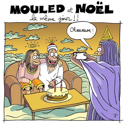 Caricature de Z avec pour titre: «Mouled et Noël le même jour!!». Mouled (ou Mawlid) est la fête musulmane célébrant la naissance du prophète. En 2015, elle tombait le même jour que Noël. Dans le dessin, les deux compères Mahomet (assis) et le Christ (debout, prenant une photo) font la fête ensemble. (DEBATunisie)