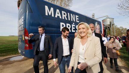 &nbsp;Marine le Pen est en déplacement à Soucy (Yonne)&nbsp; au lendemain de sa qualification au second tour de l'élection présidentielle, le 11 avril 2022. (LP/OLIVIER LEJEUNE / MAXPPP)