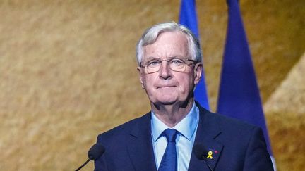 Premierminister Michel Barnier, 7. Oktober 2024 in Paris während einer von Crif organisierten Zeremonie für die Opfer der Hamas. (DIMITAR DILKOFF/AFP)