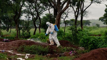 Un employé pulvérise&nbsp;un désinfectant autour de la tombe d’une personne décédée du Covid-19, au cimetière Glen Forest, à Harare, le 14 janvier 2021.&nbsp; (JEKESAI NJIKIZANA / AFP)