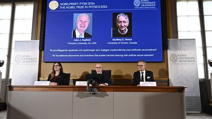 Le Nobel de physique a été décerné à l'Américain John Hopfield et au Britanno-Canadien Geoffrey Hinton, le 8 octobre 2024 à Stockholm (Suède). (CHRISTINE OLSSON / TT NEWS AGENCY / AFP)