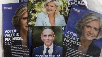 Des affiches de Marine Le Pen, Eric Zemmour et Valérie Pécresse, candidats à la présidentielle, le 13 décembre 2021. (MAGALI COHEN / HANS LUCAS / AFP)