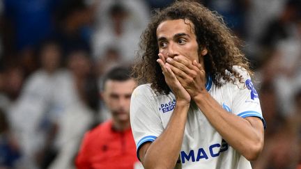 Matteo Guendouzi lors du match face au Panathinaïkos, mardi 15 août 2023 à Marseille. (CHRISTOPHE SIMON / AFP)