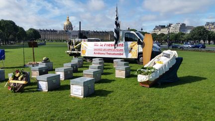 Les apiculteurs demandent un plan d'urgence et manifestent aux Invalides à Paris, le 7 juin 2018. (RADIO FRANCE / ANNE-LAURE BARRAL)