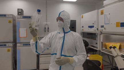 Dans la flasque que porte cet opérateur de la biotech nantaise Valneva, le coronavirus (SARS-CoV-2), COVID-19,&nbsp;a été répliqué des milliards de fois. (SOLENNE LE HEN / RADIO FRANCE)