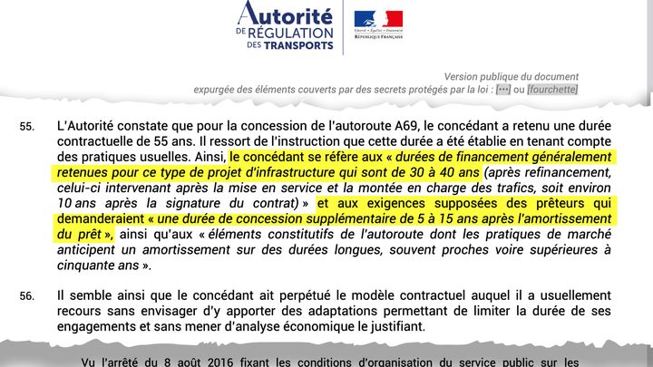 Extrait du rapport de l'ART (p. 11) relatif au projet de contrat pour la mise en concession de l’autoroute A69 entre Castres et Verfeil, le 25 janvier 2022. (Autorité de régulation des transports)