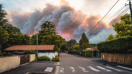 Un violent feu de forêt en Gironde, près de la dune du Pilat, dans la foret de la Teste-de-buch, le&nbsp;13 juillet 2022.
 (BENJAMIN GUILLOT-MOUEIX / HANS LUCAS / AFP)