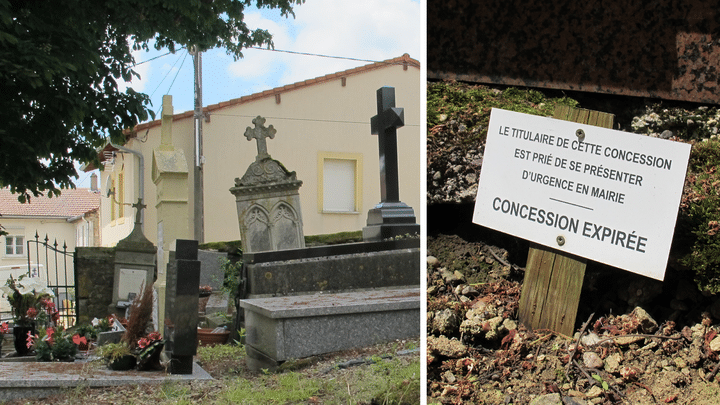 Un petit panneau pr&eacute;vient les proches d'un d&eacute;funt quand une concession a expir&eacute; et qu'elle semble oubli&eacute;e (ici, dans le cimeti&egrave;re de Tincry, le 3 juin 2015). (F. MAGNENOU / FRANCETV INFO)